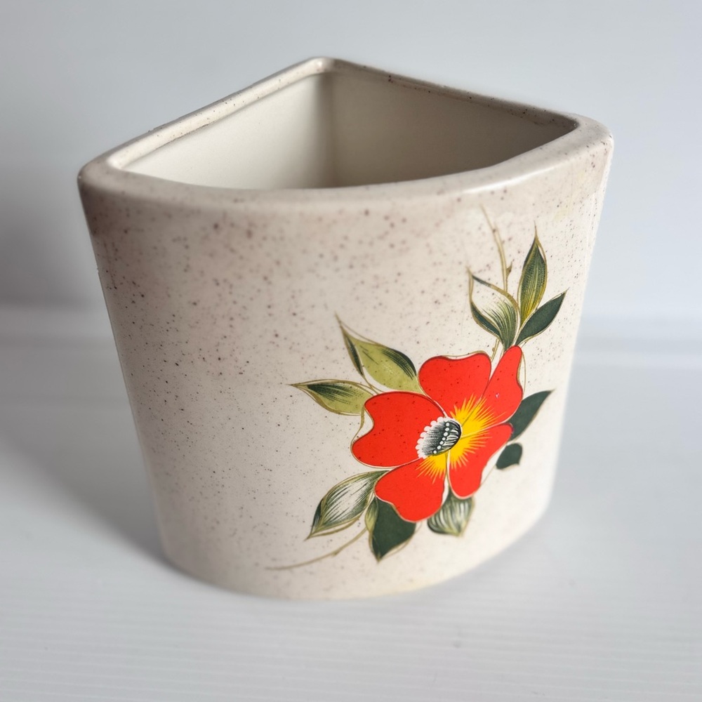 Vintage Ceramic Flower Planter Cream Speckled Red Floral Pot